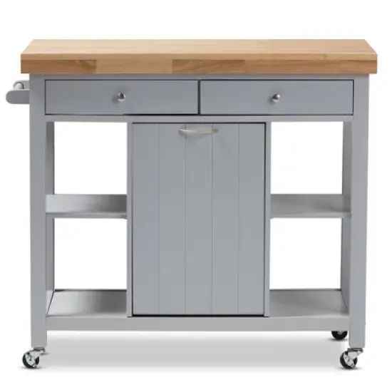 Hayward Coastal and Farmhouse Natural Wood Kitchen Cart White, Light Brown - Baxton Studio image {6}