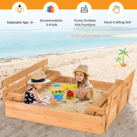 Costway Kids Large Wooden Sandbox w/Cover 2 Convertible Bench Seats for Outdoor Play image {3}