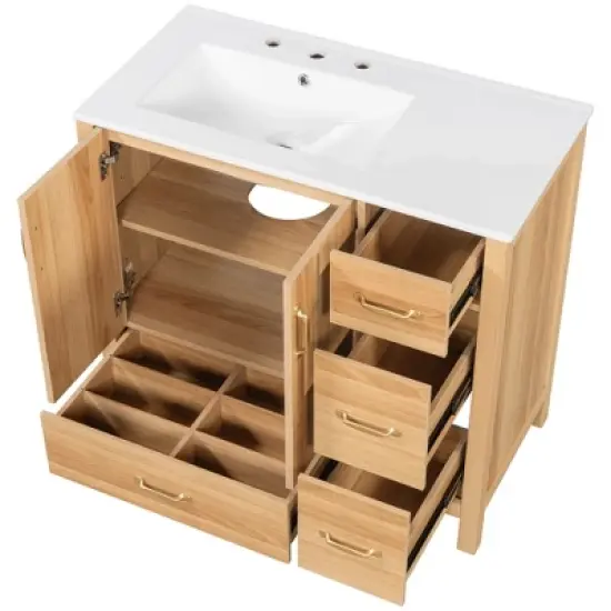 Merax 36" Solid Wood Bathroom Vanity with Convenient Storage Space, Wood image {3}
