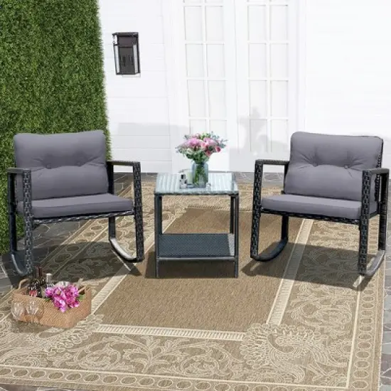 Costway 3PCS Patio Rattan Furniture Set Rocking Chairs Cushioned Sofa image {13}