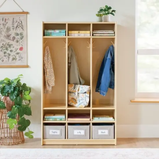 Guidecraft EdQ 3-Section Wooden Storage Locker for Classroom, Kids Cubby Organizer with Shelves and Hooks for Coats image {2}