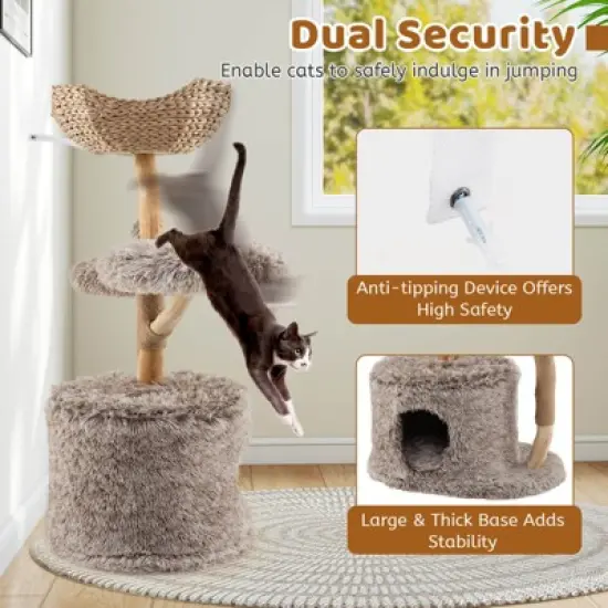 Costway Solid Wood Cat Tree with Well-woven Cattail Basket Luxury Condo Scratching Posts image {7}
