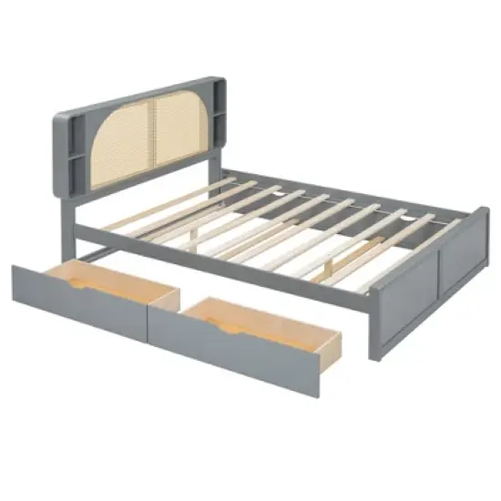Queen Size Bed Frame with Trundle, Wood Platform Bed with Rattan Headboard & 2 Drawers, Wooden Slats Support, No Box Spring Required image {4}