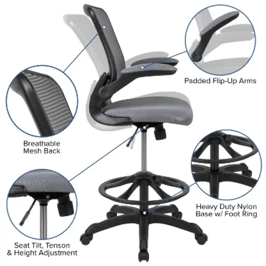 Flash Furniture Mid-Back Mesh Ergonomic Drafting Chair with Adjustable Foot Ring and Flip-Up Arms image {4}