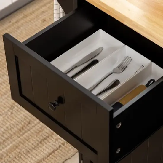 HOMCOM Triple-Cabinet Rolling Kitchen Island on Wheels, Kitchen Cart with Storage Shelf Adjustment, Rolling Utility Cart Wood, Big Drawer, Black image {5}