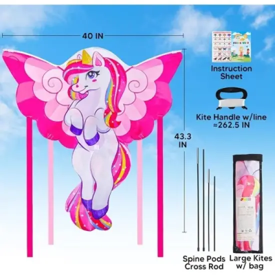 SYNCFUN 43.3'' Giant Unicorn Kite Easy to Fly Huge Kites for Kids and Adults with 262.5 ft Kite String, Large Beach Kite for Outdoor Games image {6}