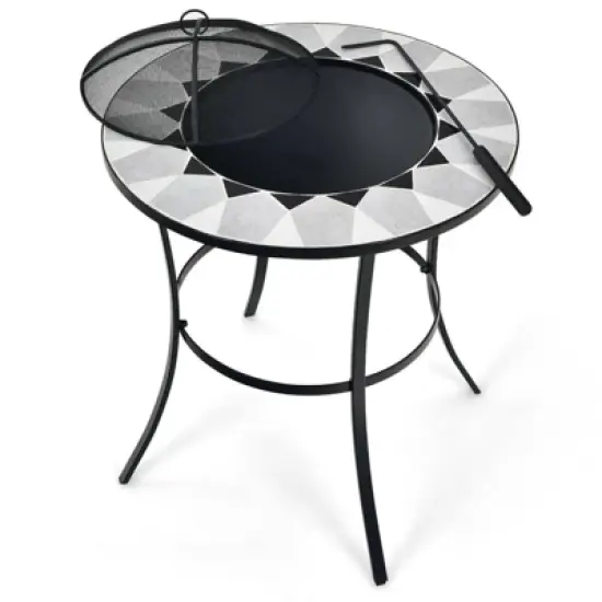 WELLFOR 23.5" Wood Burning Dining Fire Table With Mesh Cover & Poker W-10388 Black image {9}