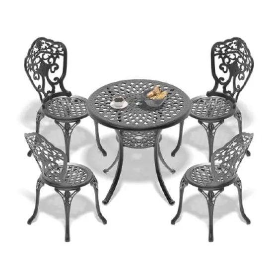 5-Piece Patio Set: Round Table & 4 Chairs - Cast Aluminum, All-Weather/Umbrella Hole & Adjustable Legs for Balcony/Backyard image {2}