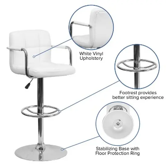 Flash Furniture Contemporary Quilted Vinyl Adjustable Height Barstool with Arms and Chrome Base image {2}