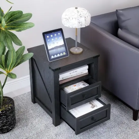 Vipbear Night Stand with Charging Station Rustic 18 Inch Bedside Table with 2 Storage Drawers and Open Shelf,Modern Wood End Table for Bedroom image {7}