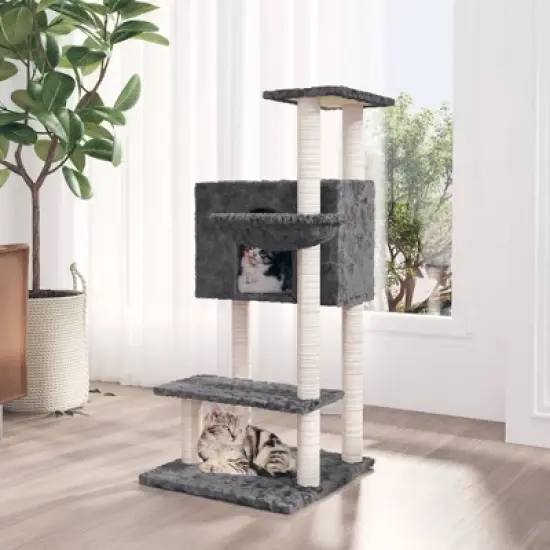 vidaXL Cat Tree Dark grey Engineered wood, plush, sisal Medium Modern image {7}