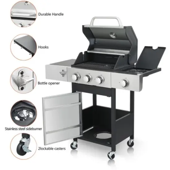 Dolonm 3+1 Burner Gas Grill: 37,230BTU w/Side Cooker, Enamel Cast Iron Grids & Lockable Casters - SS Front Door image {5}