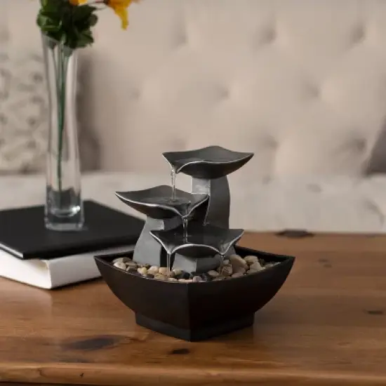 Nature Spring Tabletop Water Fountain With 3 Raku Bowls, River Rocks, and Electric Pump - 7", Silver and Black image {2}