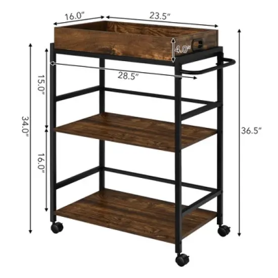 Costway 3-Tier Rolling Bar Cart Kitchen Serving Cart w/ Removable Tray & Handle image {1}
