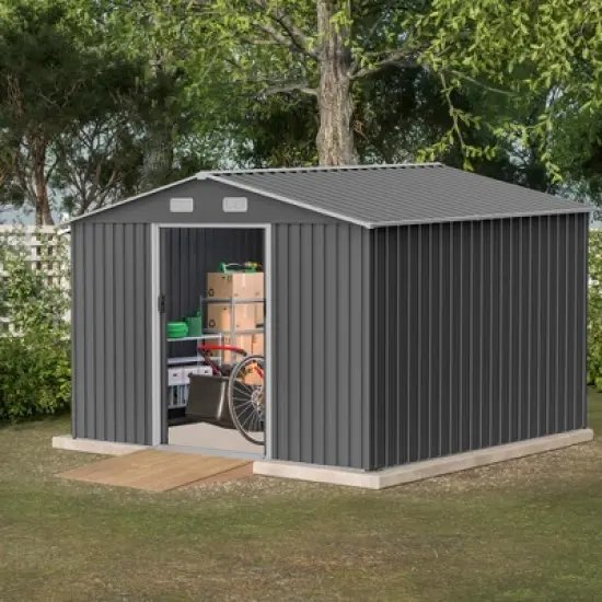 LOVSON 10X8 FT Outdoor Storage Shed, Metal Foundation & Lockable Doors, Tool Shed for Garden, Patio, Backyard, Lawn, Grey image {2}