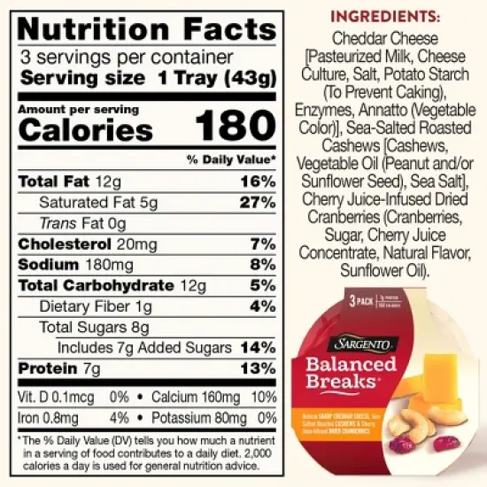 Sargento Balanced Breaks Natural Sharp Cheddar, Sea-Salted Cashews & Cherry Juice-Infused Dried Cranberries - 4.5oz/3ct image {3}