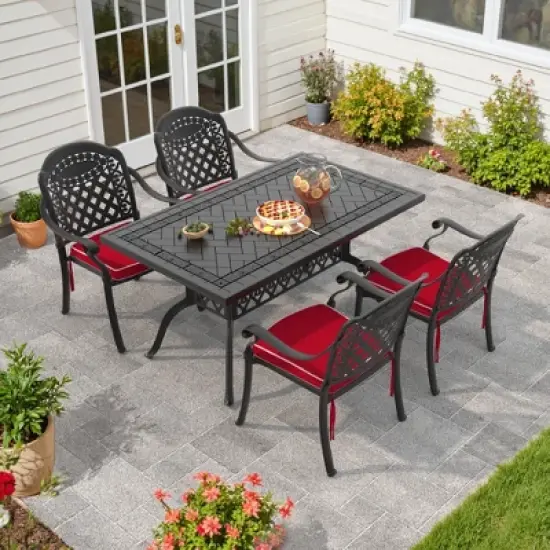 5-Piece Cast Aluminum Outdoor Dining Set with Red Cushions, Rectangle Table & Stackable Chairs - for Patio, Backyard image {10}