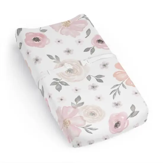 Sweet Jojo Designs Girl Changing Pad Sheet Watercolor Floral Pink and Grey image {6}