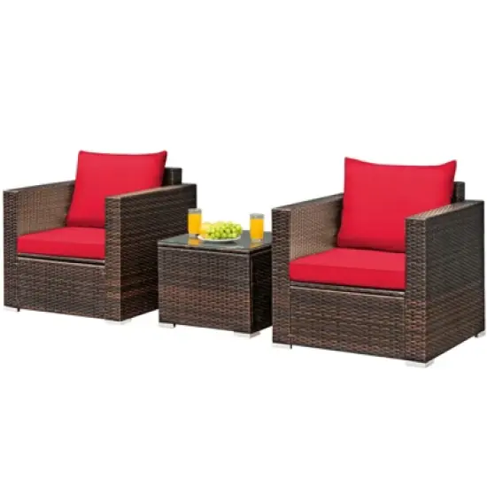 Costway 3PCS Patio Rattan Furniture Set Conversation Sofa Cushioned Turquoise\Red image {6}