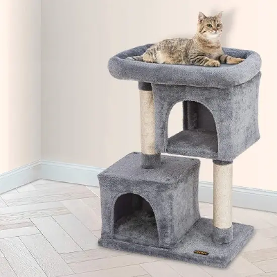 PAWBEE 33" Cat Tree House - 2 Condos & 2 Sisal Scratching Posts - Cat Scratching Post Tower With Ex-Large Plush Perch - Sturdy Base & Anti-Tip Strap image {6}