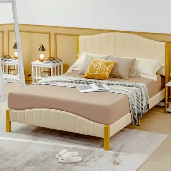 Costway Full\Queen Size Upholstered Bed Frame Mattress Foundation Platform Quilted Headboard image {4}