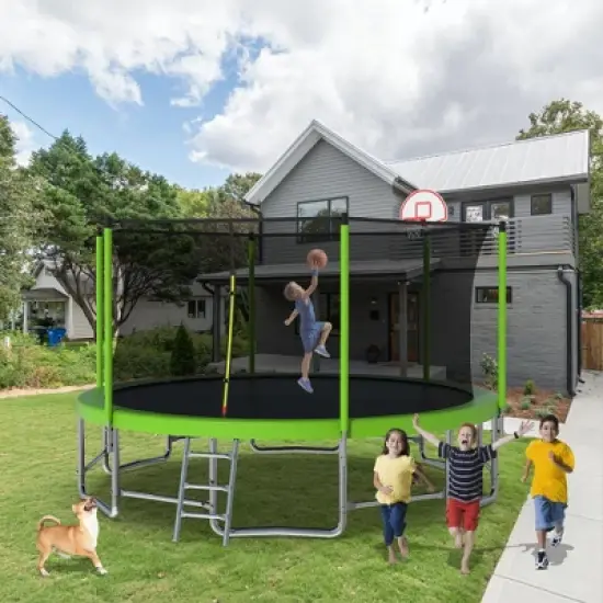QingMoon 15FT Round Outdoor Backyard Trampoline With UV Safe Trampoline Enclosure Net,Basketball Hoop,Net,Basketball,Pump,Fun For Children image {2}