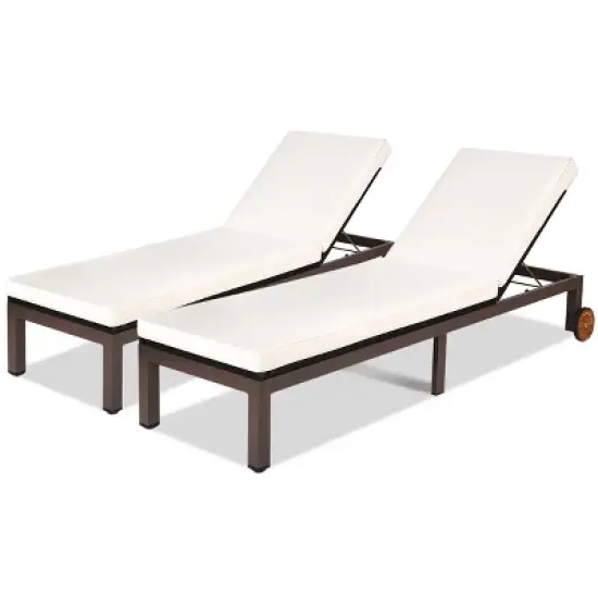 Tangkula 2PCS Patio Adjustable Rattan Recliner Chaise Lounge Chair w/ Cushion Wheels image {9}