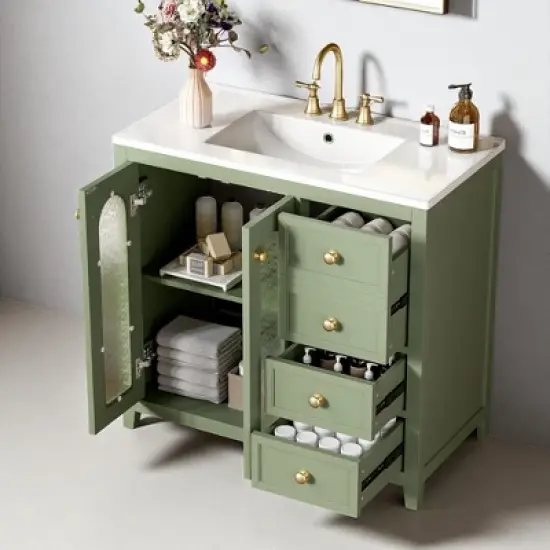 36" Bathroom Vanity with Ceramic Sink, 2 Doors, 3 Drawers, Adjustable Shelf, Gold Handles, Freestanding Vanity image {5}