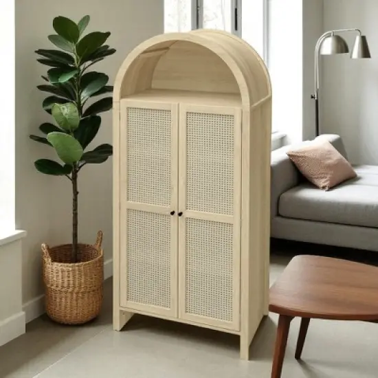 70" Arched Kitchen Pantry Cabinet with Rattan Doors and Adjustable Shelves, Freestanding Storage Display Cabinet for Kitchen, Dining Room image {4}