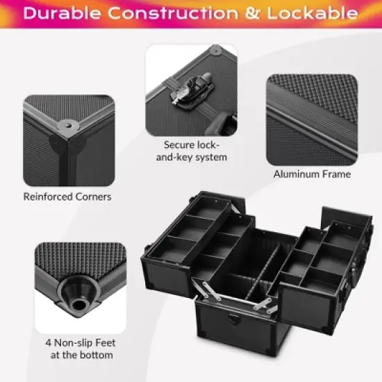 Byootique 14"x8"x10" Lockable ABS Aluminum Cosmetic Makeup Case Box Train  Black image {4}
