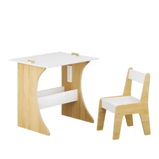 Yinvani White Multifunctional Wood 2 Piece Toddler Table with 1 Chairs Set image {1}