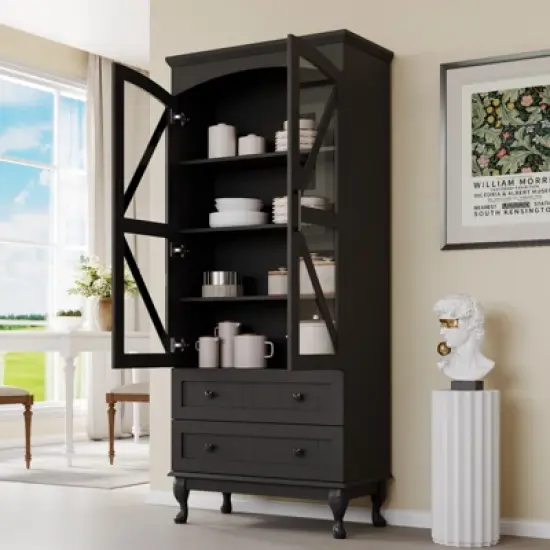 72" Tall Kitchen Pantry Cabinet, Farmhouse Storage Cabinet with Glass Doors, Organizer, Adjustable Shelves,Wood China Cabinet, Display Cabinet image {2}