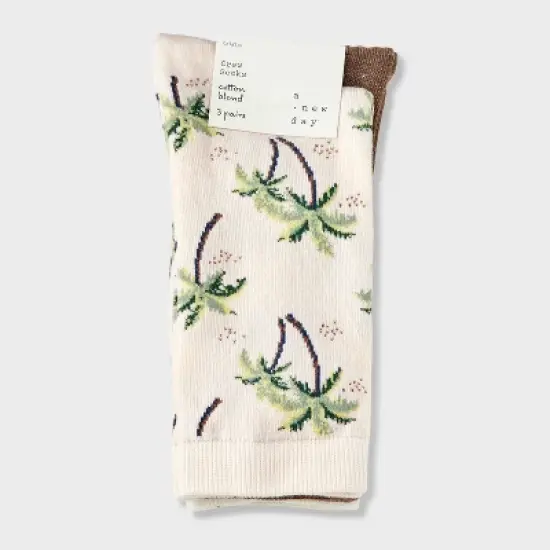 Women's Palm Tree 3pk Crew Socks - A New Day&trade; Pink/Brown Heather/Ivory 4-10: Cotton Blend, Tagless, Smooth Toe Seams image {1}