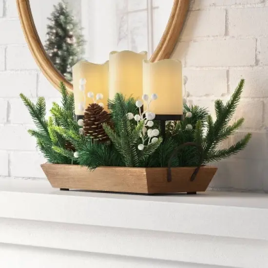 Battery Operated Flameless Pillar Candle and Black Candle Holder in Wood Tray with Faux Christmas Greenery - Wondershop&trade; image {1}