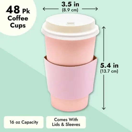 Sparkle and Bash 48-Pack Blush Pink Insulated Disposable Coffee Cups with Lids and Sleeves, 16oz Paper Hot Cup Wedding Reception, Girl image {4}