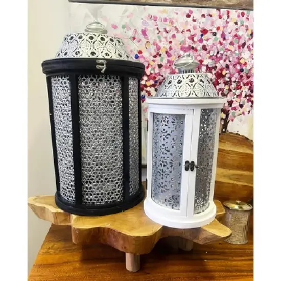 Essential Decor & Beyond 2pcs Set Black and White Wood and Metal Lanterns image {2}