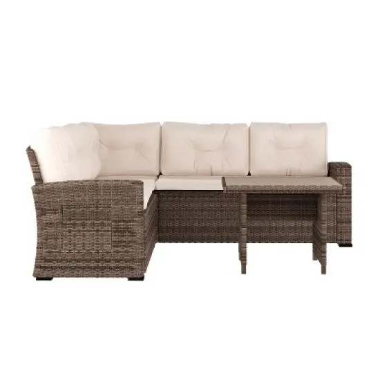 Merrick Lane Indoor/Outdoor L-Shaped Sofa/Dining Table Conversation Set with Wicker Rattan Construction and Weather-Resistant Cushions image {2}