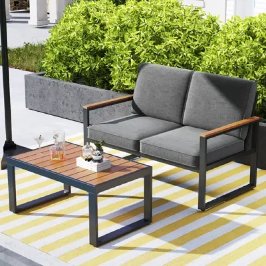 Tangkula 2 PCS Patio Aluminum Furniture Set Cushioned Sectional Sofa w/ Coffee Table image {1}