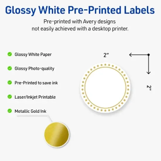 Avery Labels, 2" Diameter, Glossy White, Gold Border w/ Gold Dots, 120ct image {1}