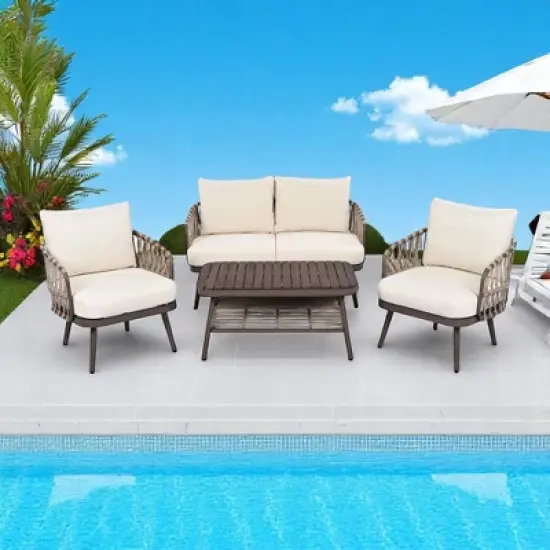 4-Piece Outdoor Conversation Set with Woven Rope U-Shaped Backrest, Acacia Wood Coffee Table, Water-Repellent Cushions image {9}