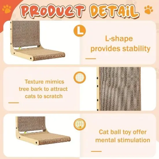 2PCS 23.6" L-Shape Three-dimensional Cat Scratching board, Cat Scratching Post with Ball toy wall Mounted, For Indoor Cats, Large Cat Scratching board image {6}