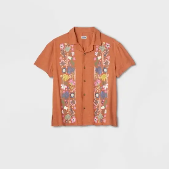 Latino Heritage Month Adult Short Sleeve Floral Woven Button-Down Shirt - Orange image {1}