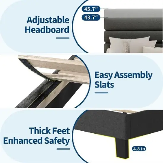 Full/ Queen/ King Bed Frame with Adjustable Headboard, Fabric Upholstered and Wooden Slats Support, Heavy Duty Mattress Foundation image {5}