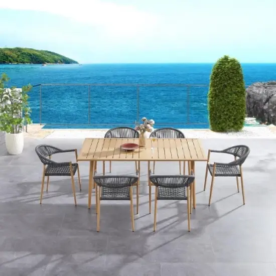 Rectangular Planked Wood Outdoor Dining Set：7-Piece Mesh Weave Chair Patio Furniture image {1}
