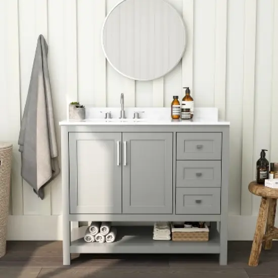 Merrick Lane Bathroom Vanity with Ceramic Sink, Carrara Marble Finish Countertop, Storage Cabinet with Soft Close Doors, Open Shelf and 3 Drawers image {1}