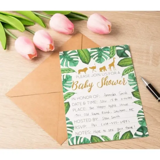 Juvale 36-Pack Baby Shower Invitation with Envelopes, Gold Foil Tropical Animal Designs (5 x 7 In) image {2}
