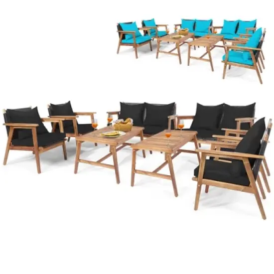 Costway 8PCS Patio Rattan Furniture Set Wooden Cushioned Sofa with Black & Turquoise Cover image {1}
