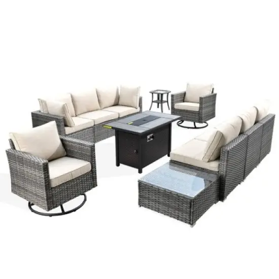 Ovios Venice 11pc Wicker Outdoor Patio Furniture Set Conversation Sofa with a Metal Fire Pit, Swivel Chairs and Cushions image {1}