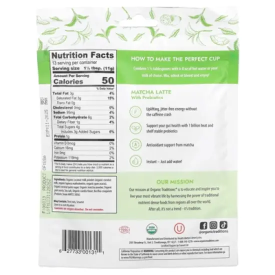 Organic Traditions Matcha Latte with Probiotics, 5.3 oz (150 g) image {1}