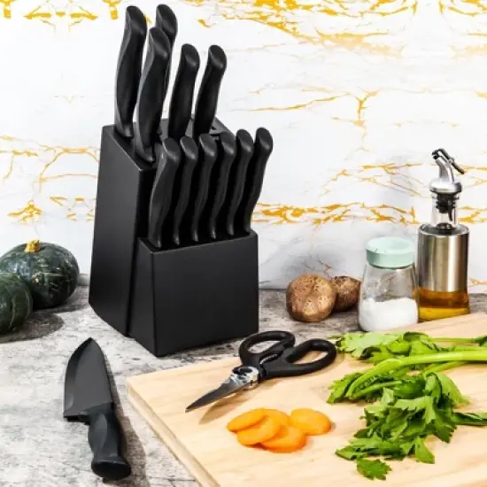 Itopfox 15-Piece Kitchen Knife Set with Block, Self-Sharpening, Dishwasher Safe, Anti-Slip Handle, Black image {1}
